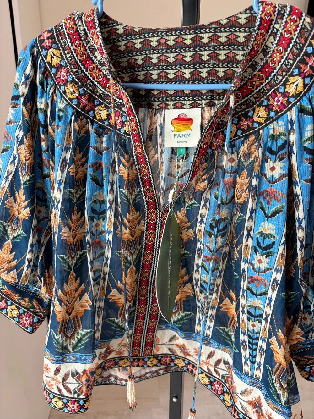 Farm Rio Blue Embroidered Tapestry Tassels Puff Sleeve Blouse